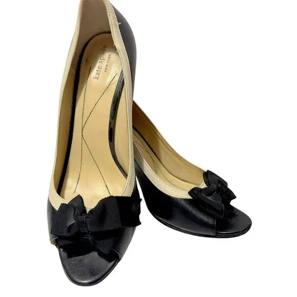 Kate Spade Black & Ivory Leather Peep Toe Fabric Bow Heels Pumps Shoes Sz 8.5M - Picture 8 of 8